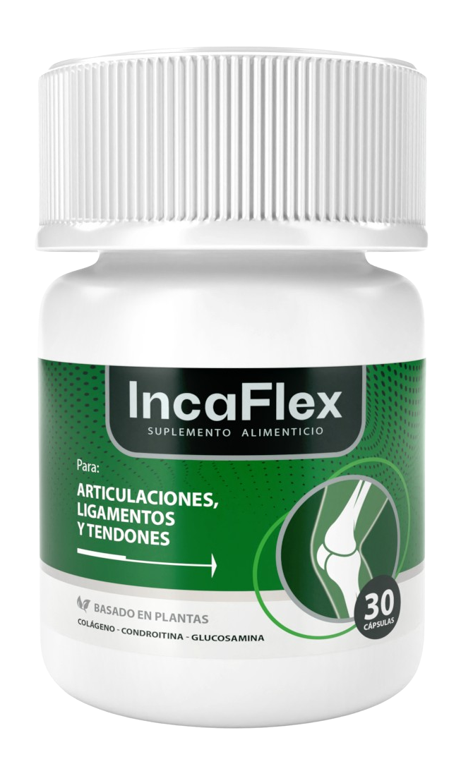 Frasco de IncaFlex con superalimentos andinos: maca, camu camu y uña de gato